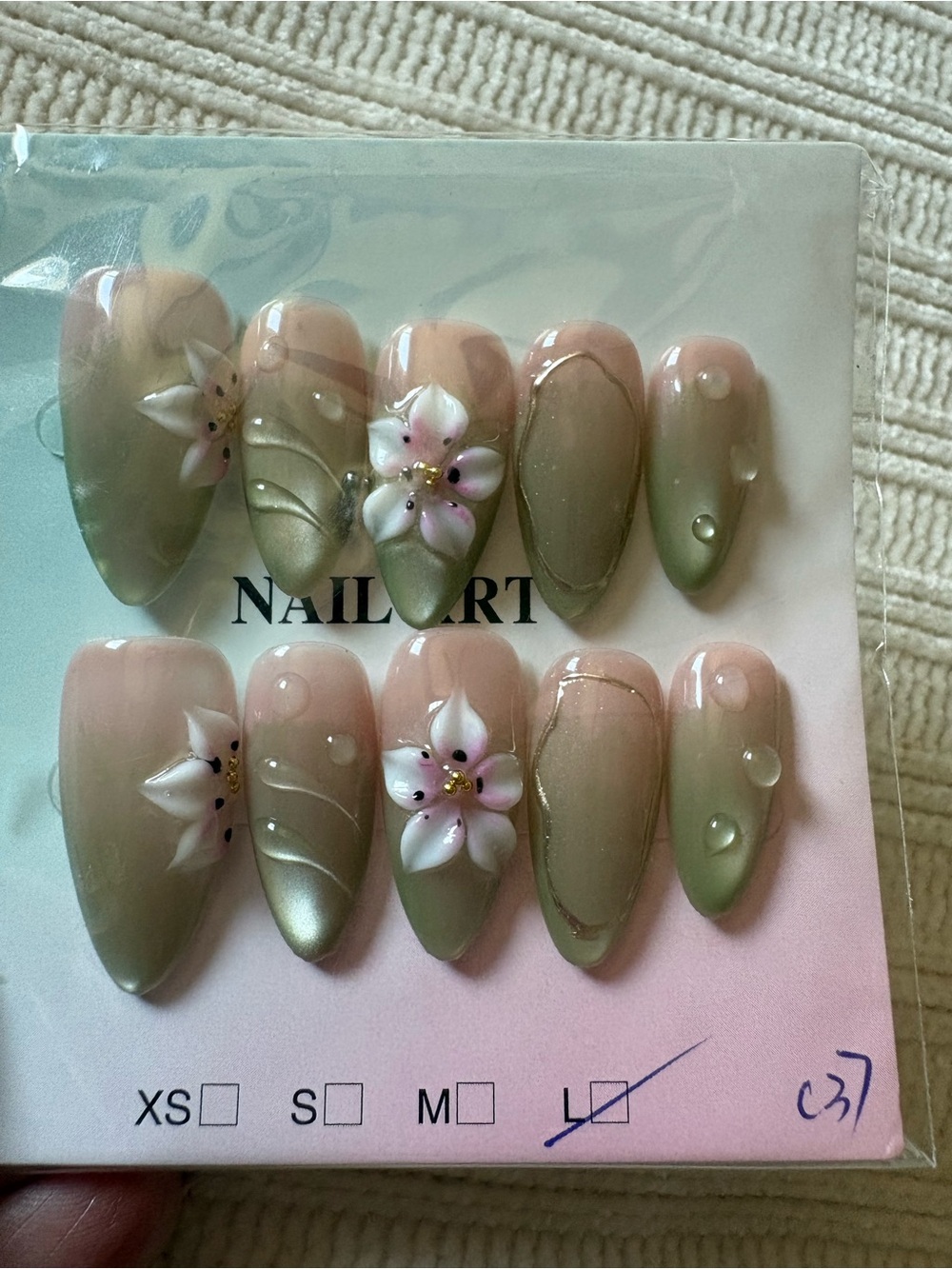3D Floral Olive Green Press-On Nail Set size Large